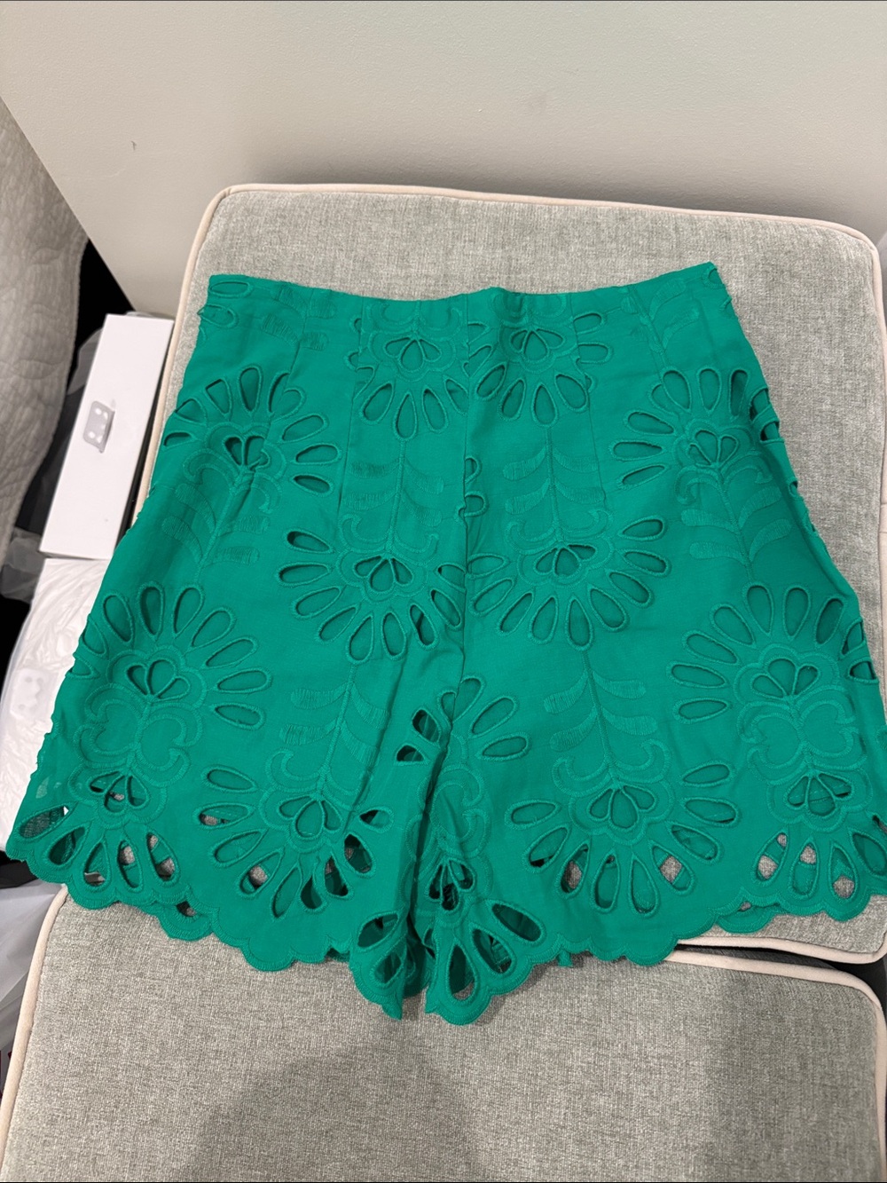 Zara Emerald Green High-Waist Laser-Cut Eyelet Shorts